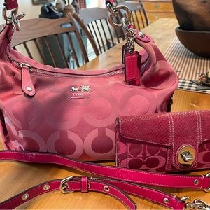 Vintage Coach raspberry bag and wallet. Silky material.